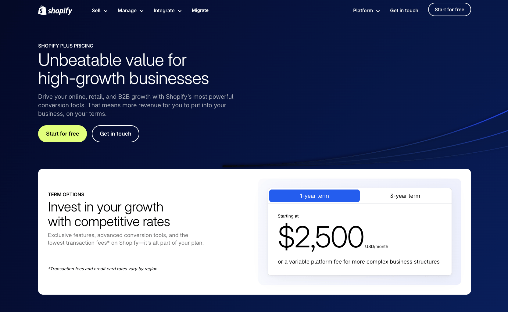 Shopify Plus pricing page showing a 1-year term starting at $2,500 a month or a variable platform fee