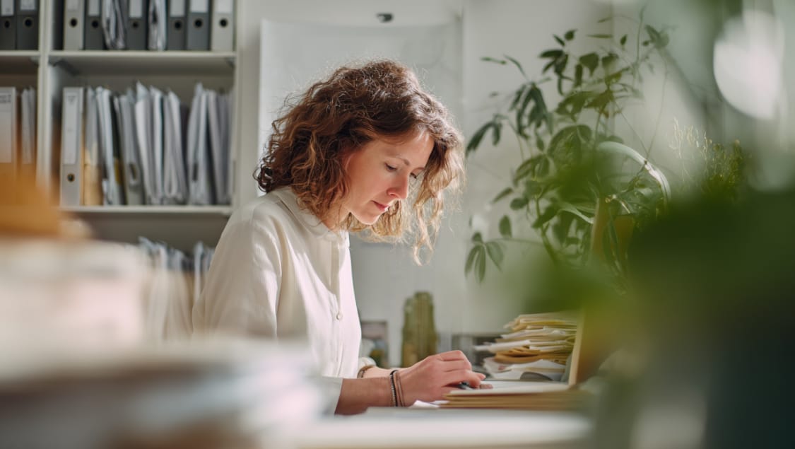 Business owner reviewing invoices and paperwork at a desk in a bright office, working out what an online store really costs