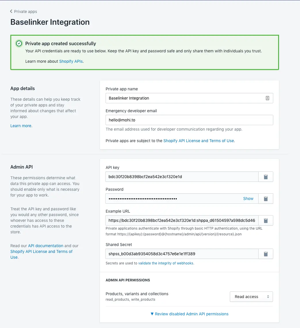 A screenshot that shows how to integrate Baselinker with Shopify