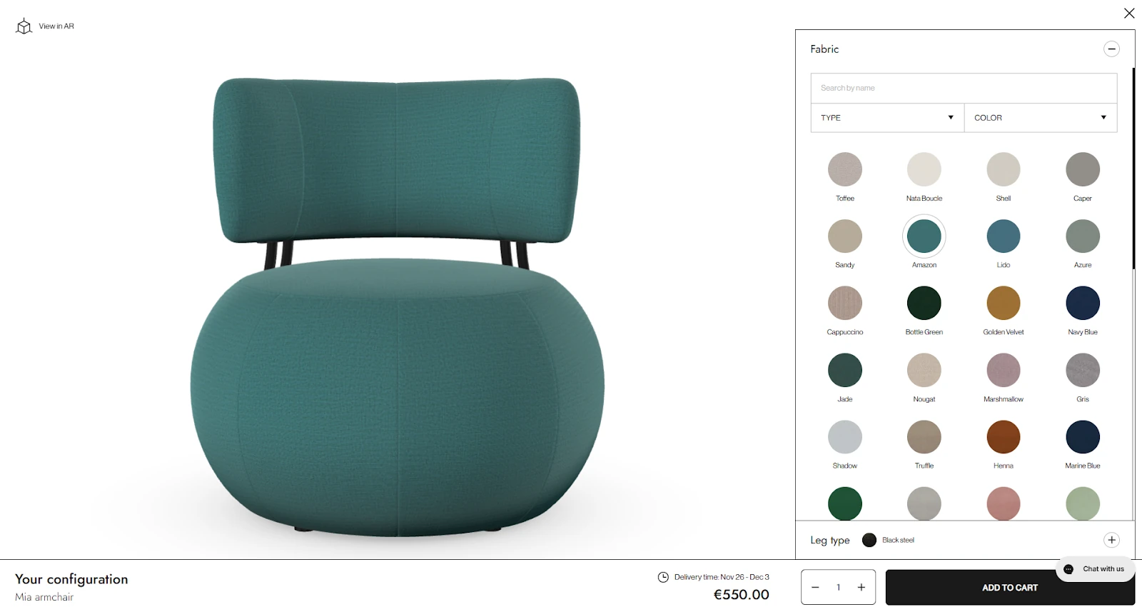 Optisofa product configurator for the teal Mia armchair with a fabric colour swatch panel, €550 price and Add to Cart button