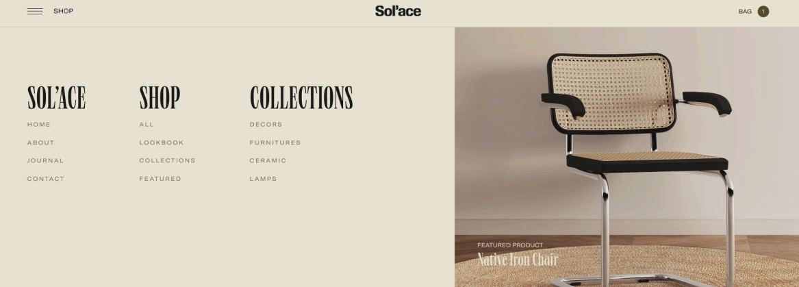Open navigation menu of the Sol'ace home decor store with Shop and Collections columns next to a featured cane chair