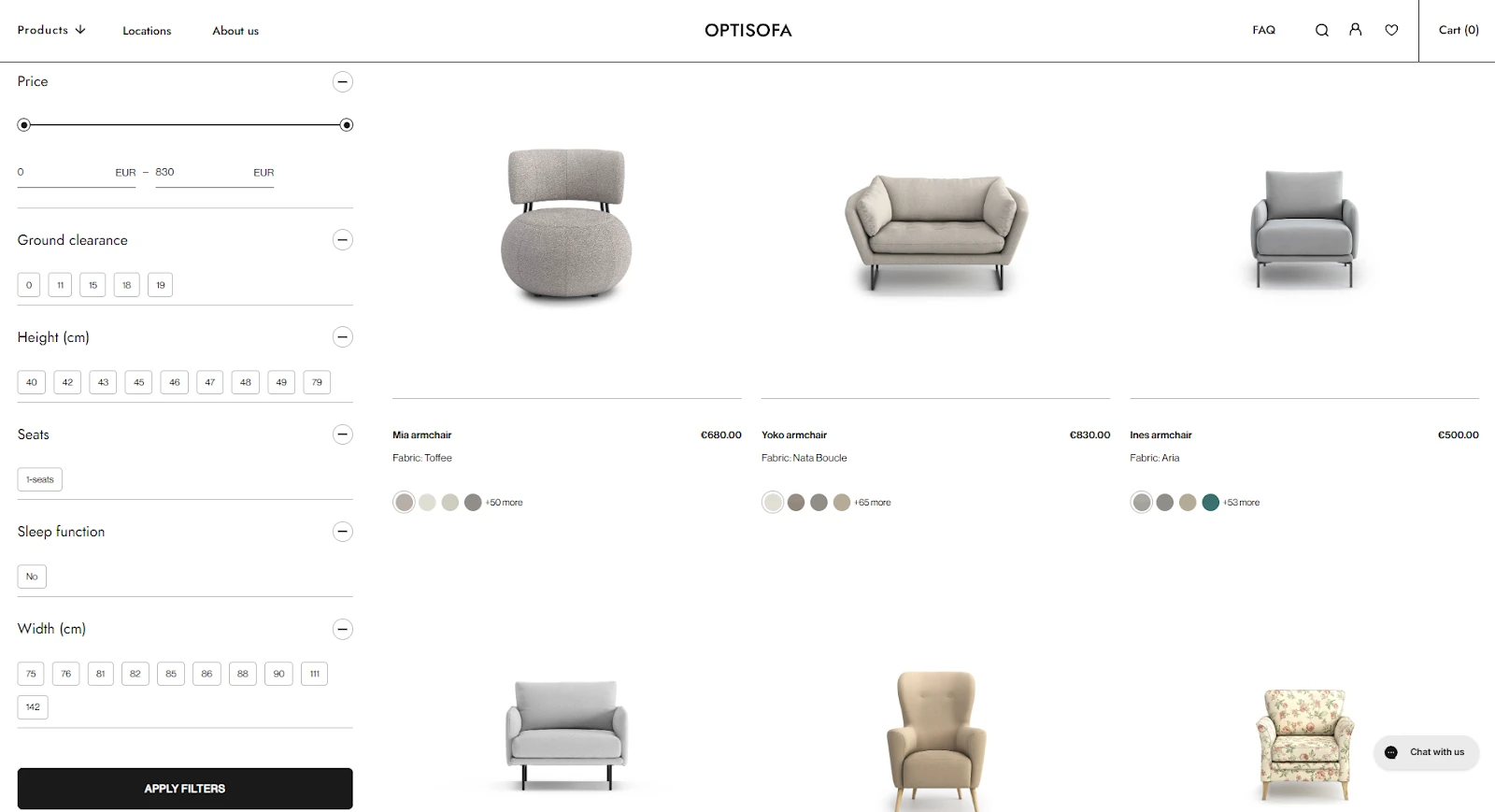 Screenshot of the Optisofa collection page with price slider and height, width and seat filters beside a grid of armchairs