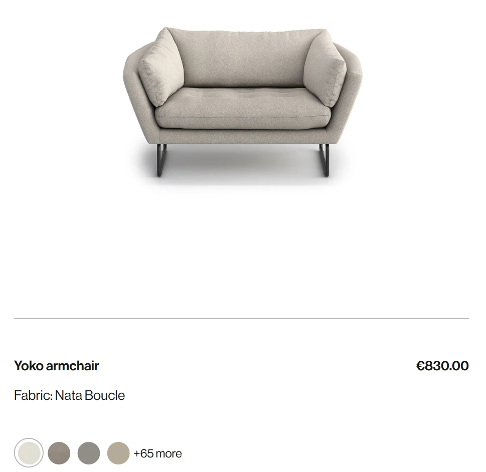 Optisofa product listing: Yoko armchair with fabric name, price and colour swatch circles showing fabric options
