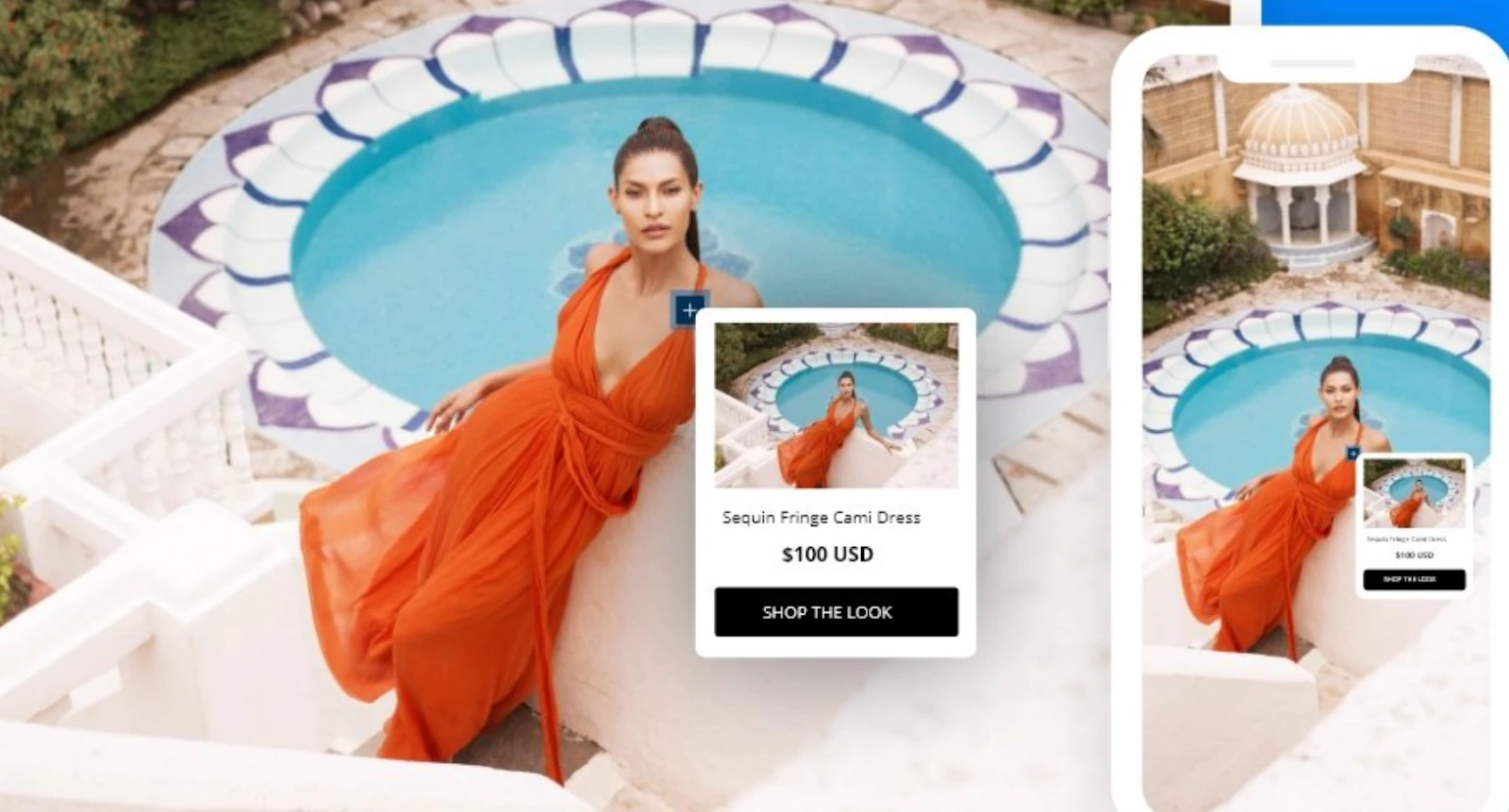 Klikalny lookbook z modelką w pomarańczowej sukience i kartą produktu z przyciskiem „Shop the Look” na desktopie i mobile