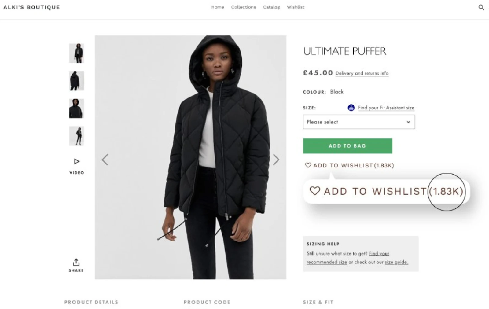 Karta produktu kurtki Ultimate Puffer w sklepie Alki's Boutique z wyróżnionym przyciskiem „Add to wishlist” i licznikiem 1.83K