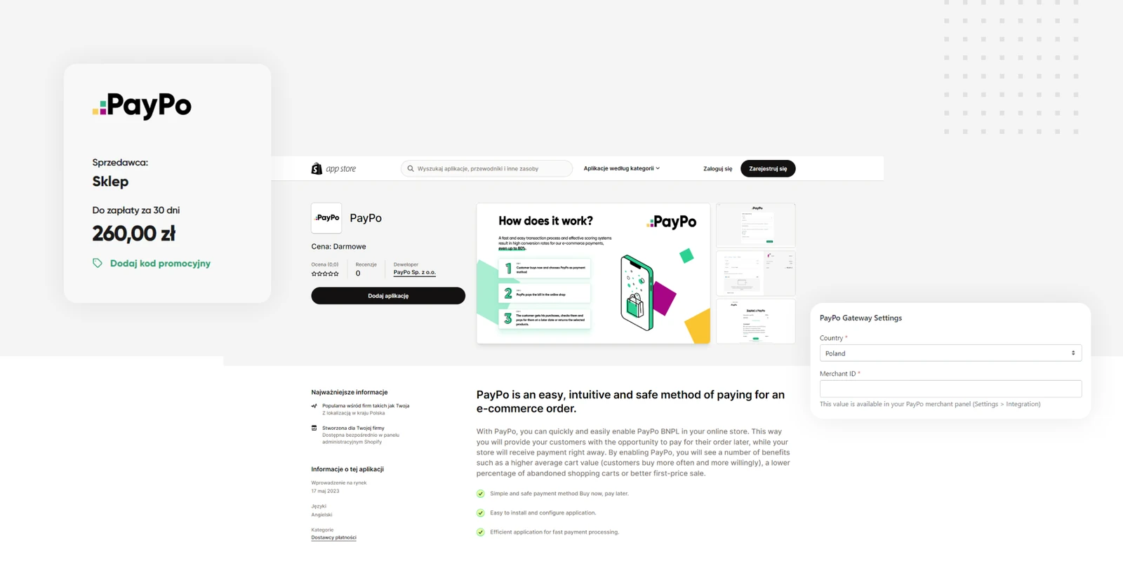 Aplikacja PayPo w Shopify App Store, ustawienia bramki PayPo Gateway Settings oraz widżet płatności odroczonej do 30 dni