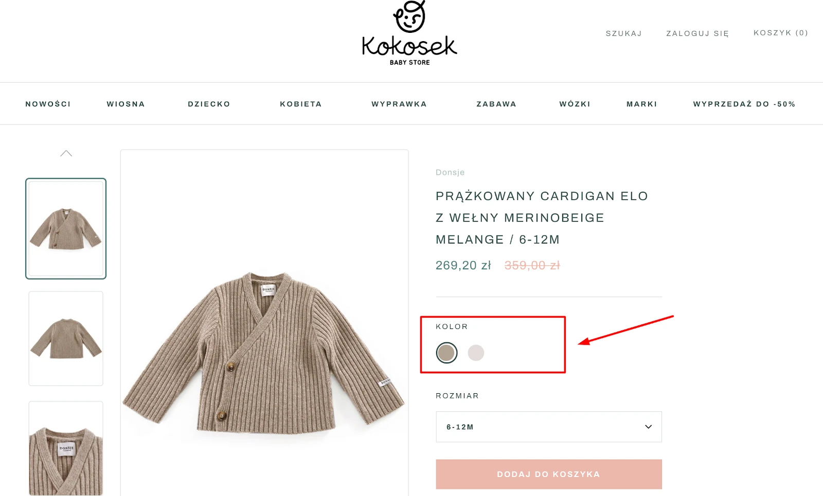 Karta produktu sklepu Kokosek z kardiganem, gdzie warianty koloru są widoczne jako próbki zamiast listy rozwijanej