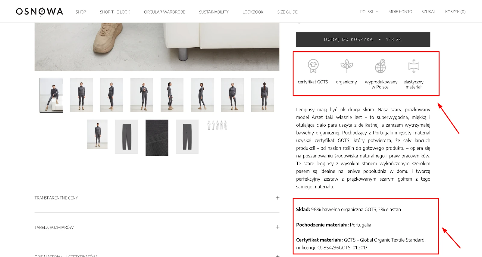 Karta produktu legginsów Osnowa z ikonami wartości marki, m.in. certyfikat GOTS, oraz składem i pochodzeniem materiału