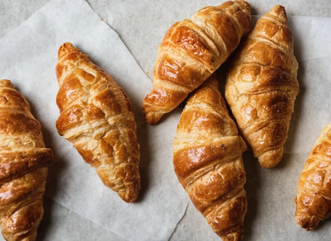 Złociste croissanty ułożone na papierze do pieczenia, ilustracja case study sklepu uruchomionego w 1 dzień