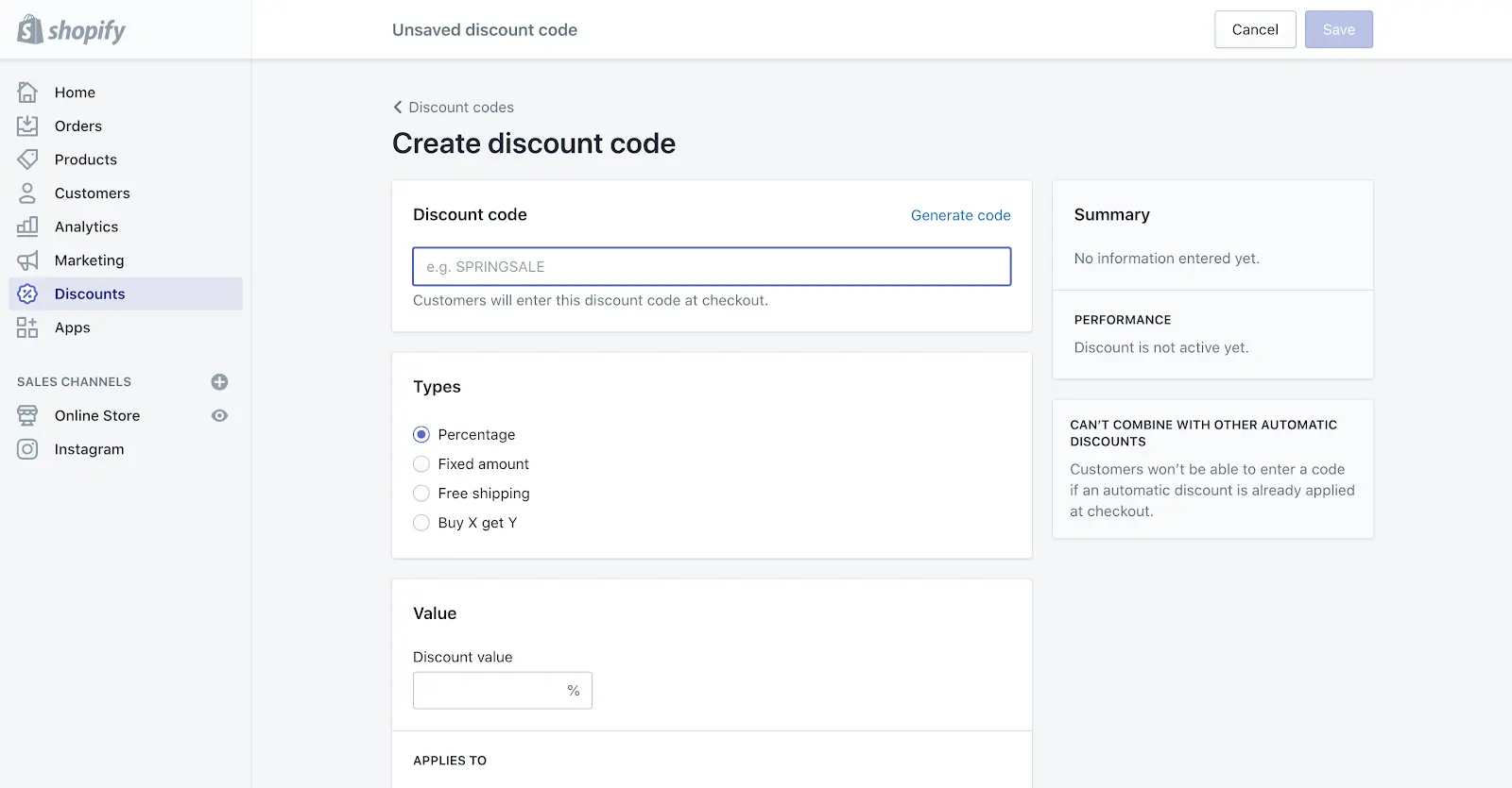 Screenshot pokazujący, gdzie ustalisz akcję promocyjną w Shopify