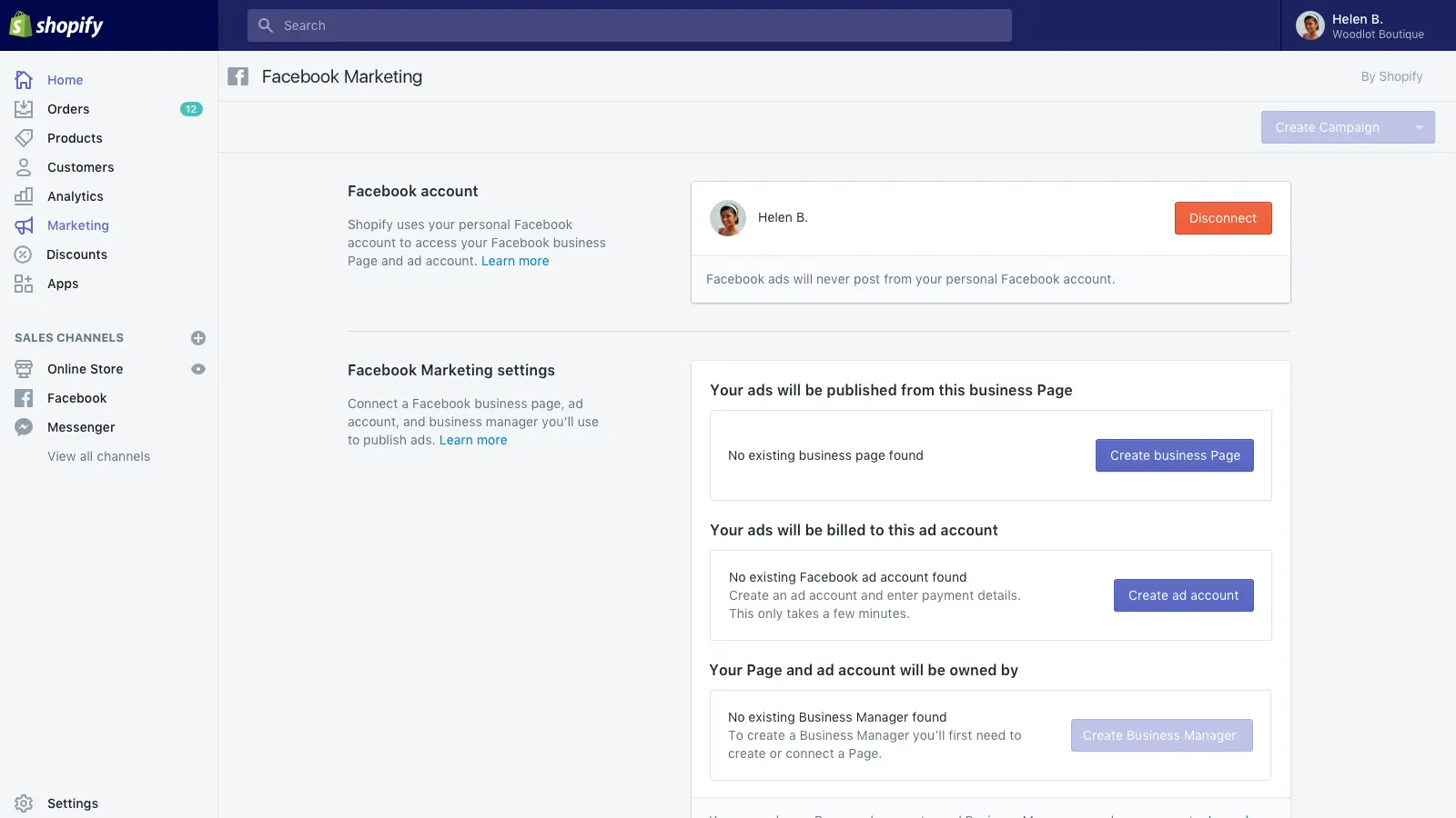 screenshot pokazujący, gdzie ustawić reklamę na Facebooku w panelu Shopify