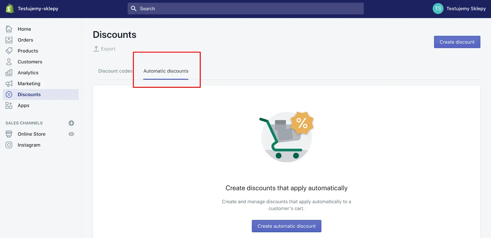 Screenshot jak ustawić zniżki w Shopify