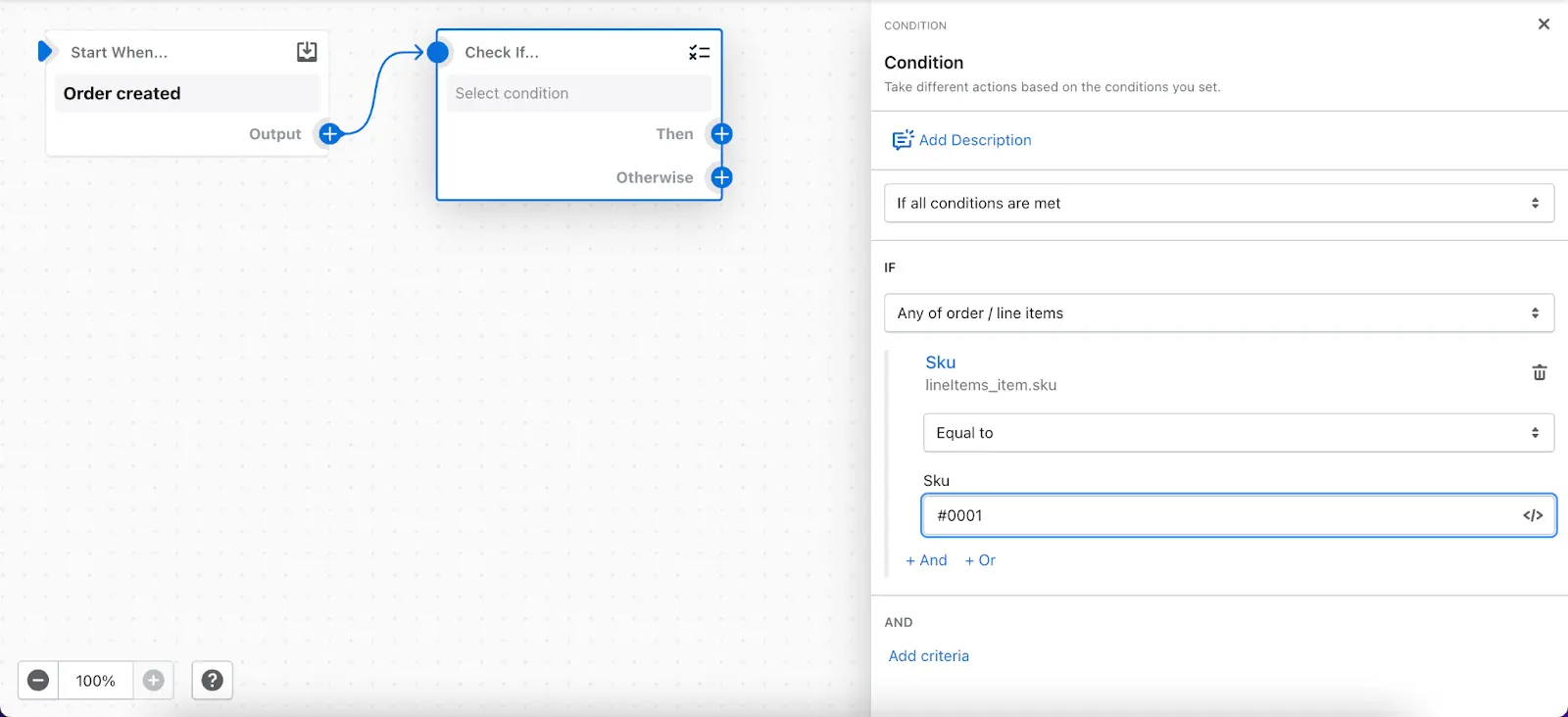 Zrzut ekranu Shopify Flow: wyzwalacz „Order created” i warunek sprawdzający SKU produktu w zamówieniu (ebook)