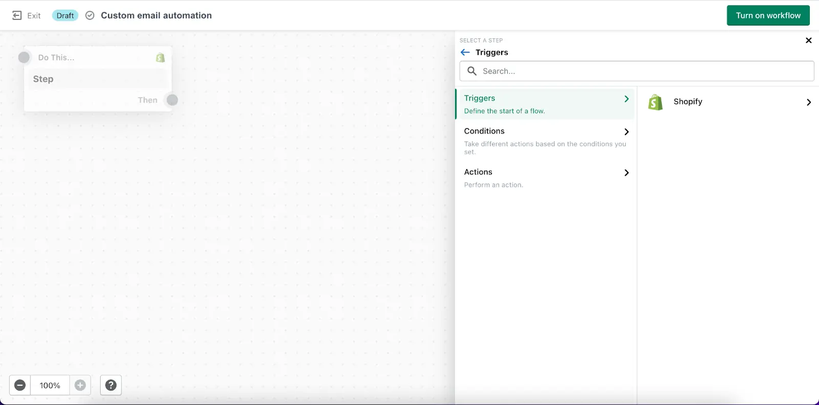 Zrzut ekranu edytora automatyzacji Shopify – szkic workflow „Custom email automation” z wyborem kroku: Triggers, Conditions, Actions