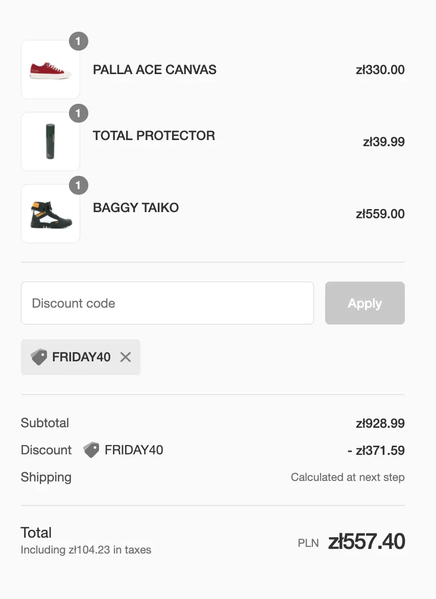 Zrzut ekranu checkoutu Shopify z trzema parami butów i zastosowanym kodem rabatowym FRIDAY40 obniżającym sumę zamówienia