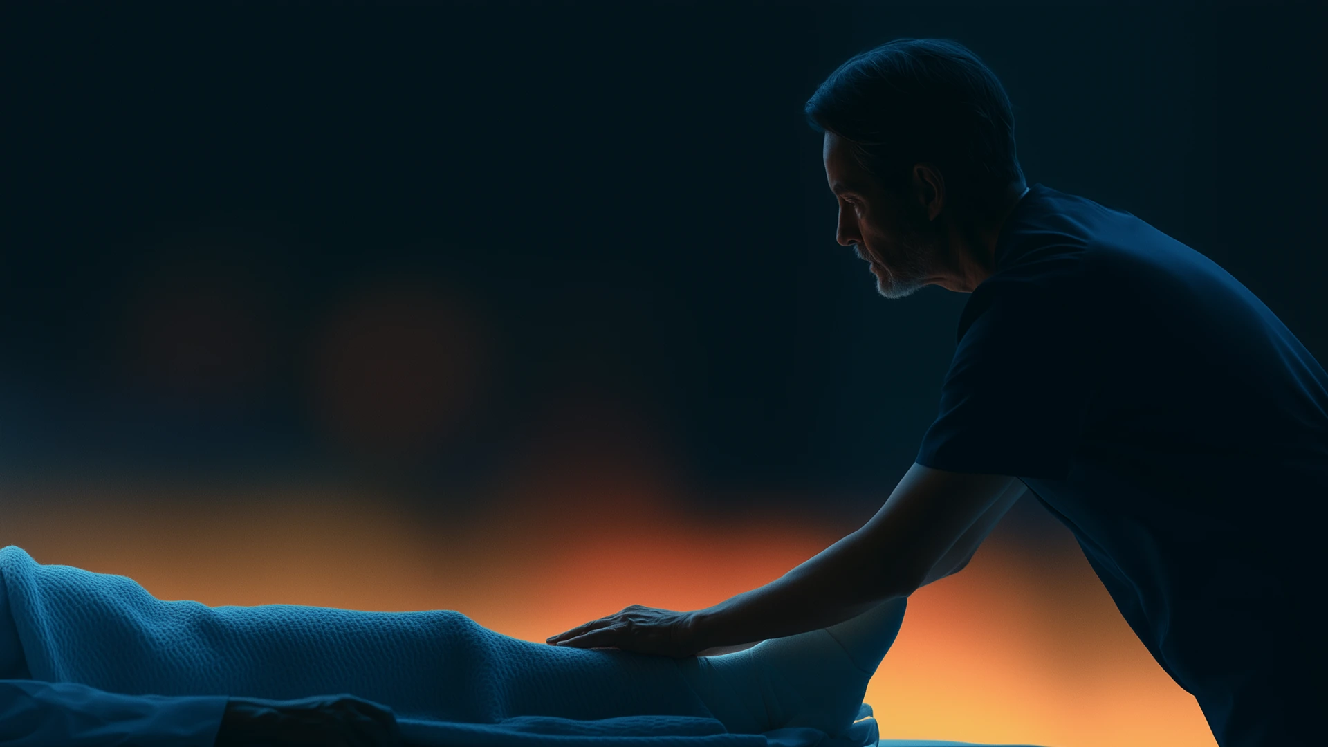 A hospice caregiver in shadow leans over a patient's bed and rests a hand on the blanket, backlit by a warm orange glow.