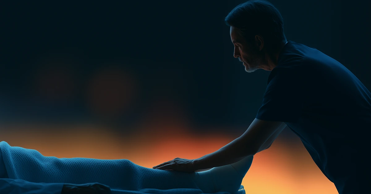 A hospice caregiver in shadow leans over a patient's bed and rests a hand on the blanket, backlit by a warm orange glow.