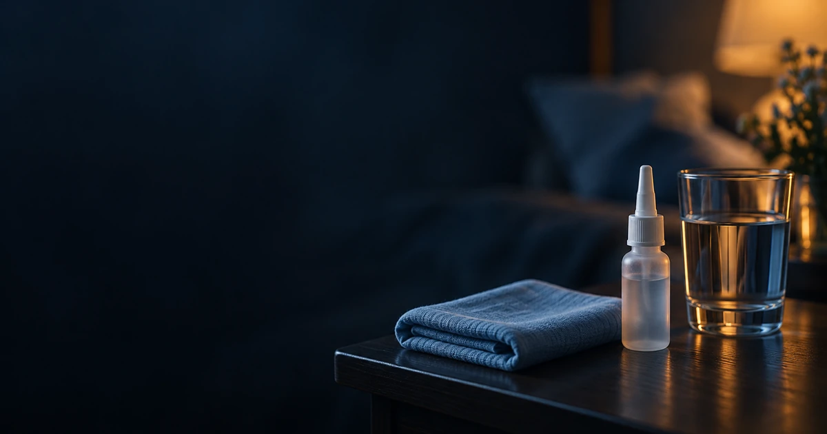 A folded blue washcloth, a nasal spray bottle, and a glass of water on a bedside table in a dimly lit room, with a bed and warm lamplight in the background.