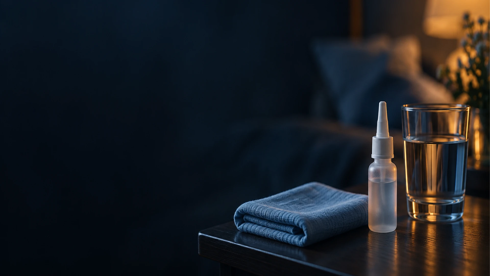 A folded blue washcloth, a nasal spray bottle, and a glass of water on a bedside table in a dimly lit room, with a bed and warm lamplight in the background.