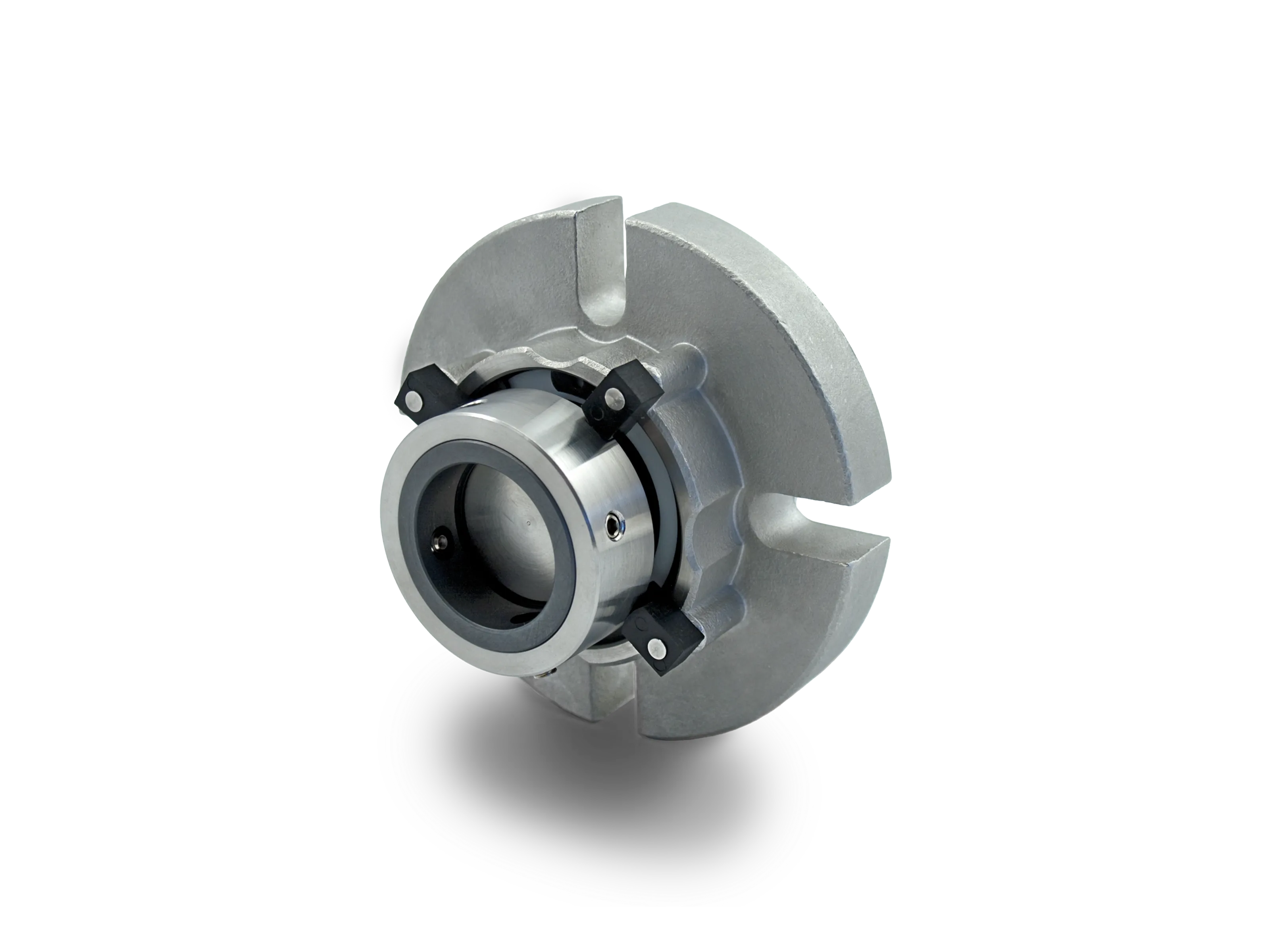 Metallische Wellenlippendichtung mit runder Öffnung und vier schwarzen Befestigungspunkten.