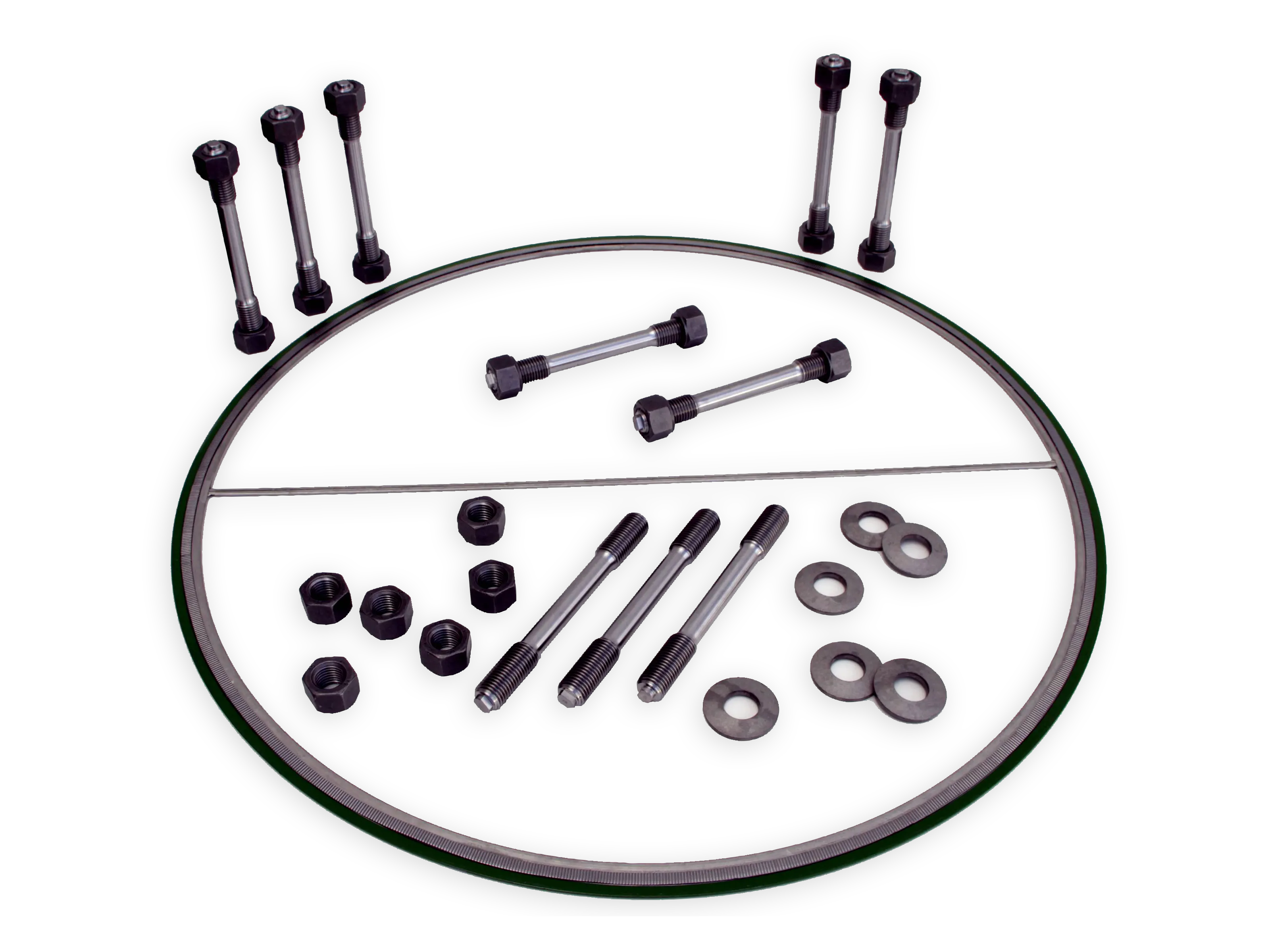 Vorgespannte Dichtungen mit schwarzen Schrauben, Muttern, Scheiben und Dichtungsringen auf schwarzem Hintergrund.