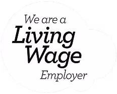 The image shows the Living Wage Employer logo with the text: We are a Living Wage Employer inside a cloud-like shape.