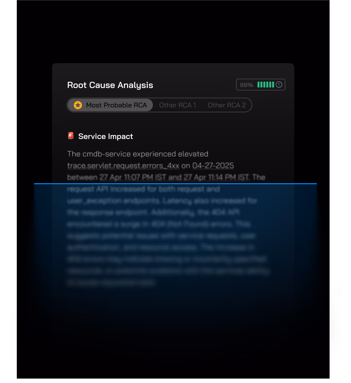 Flip AI interface showing a Root Cause Analysis report with service impact details, highlighting the most probable RCA and system error traces