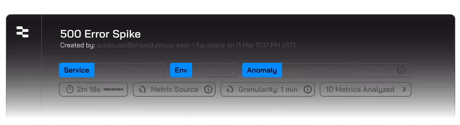 Flip AI interface showing a 500 Error Spike alert with service, environment, anomaly details, timestamp, duration, granularity, and metrics analyzed.