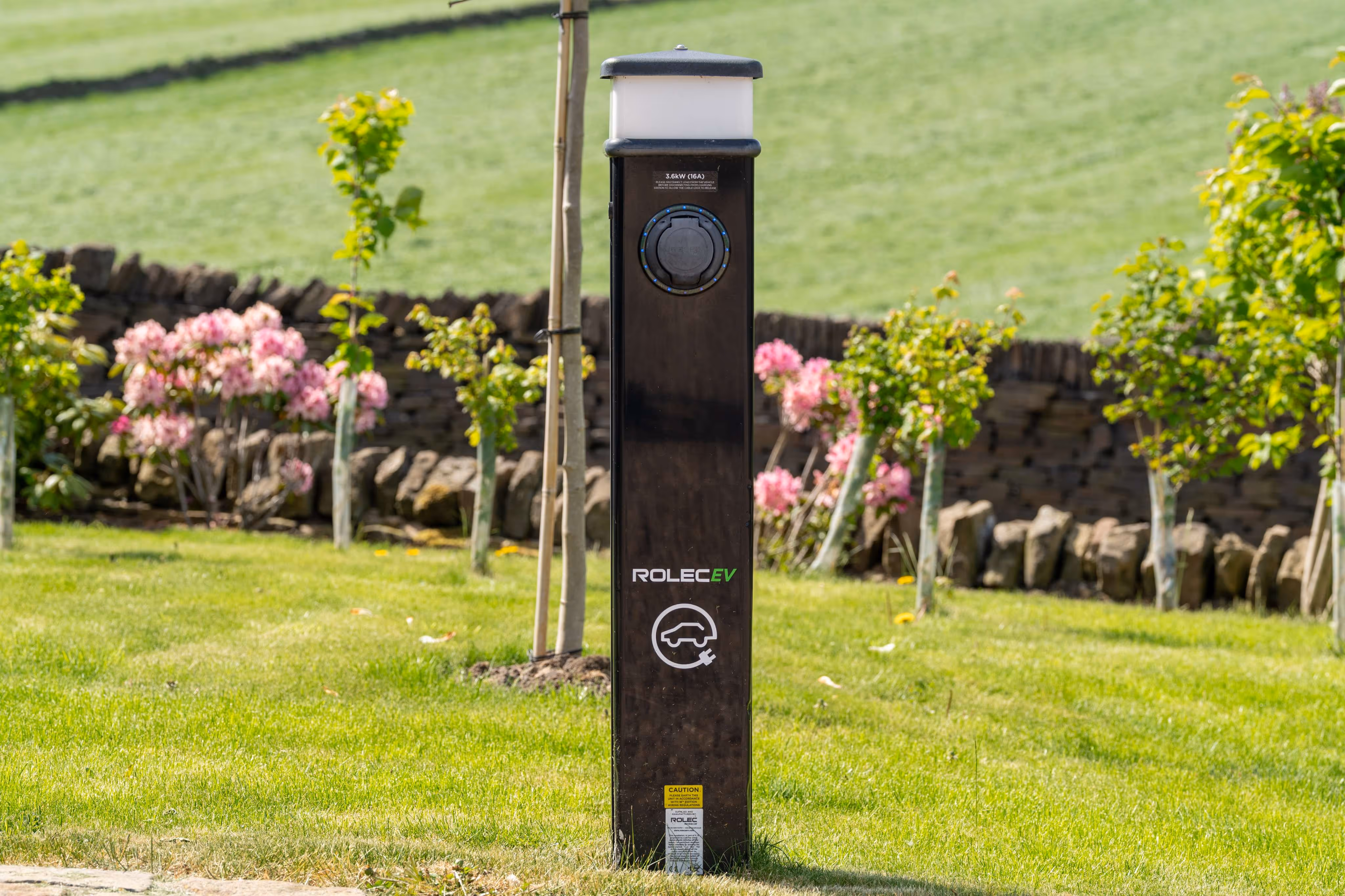 An Ev charging station surrounded by newly planted trees