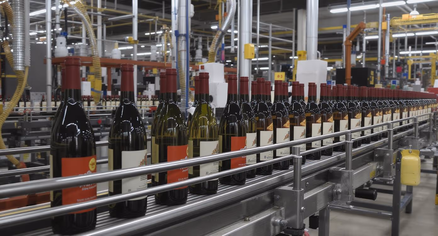 Wine bottles on a fast moving conveyor line. 