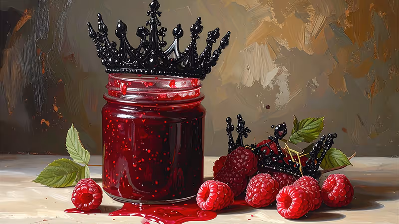 A jar of runny raspberry jam with a black tiara. 