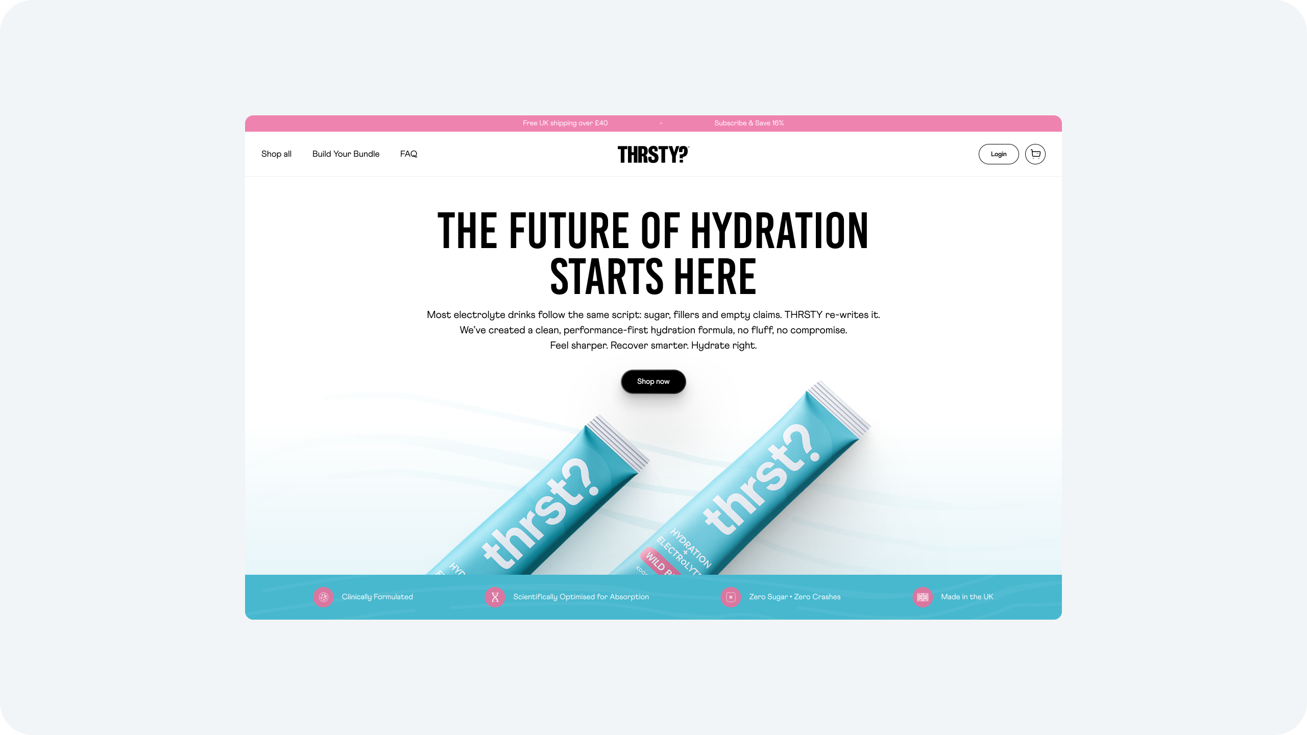 THRSTY Shopify store home page