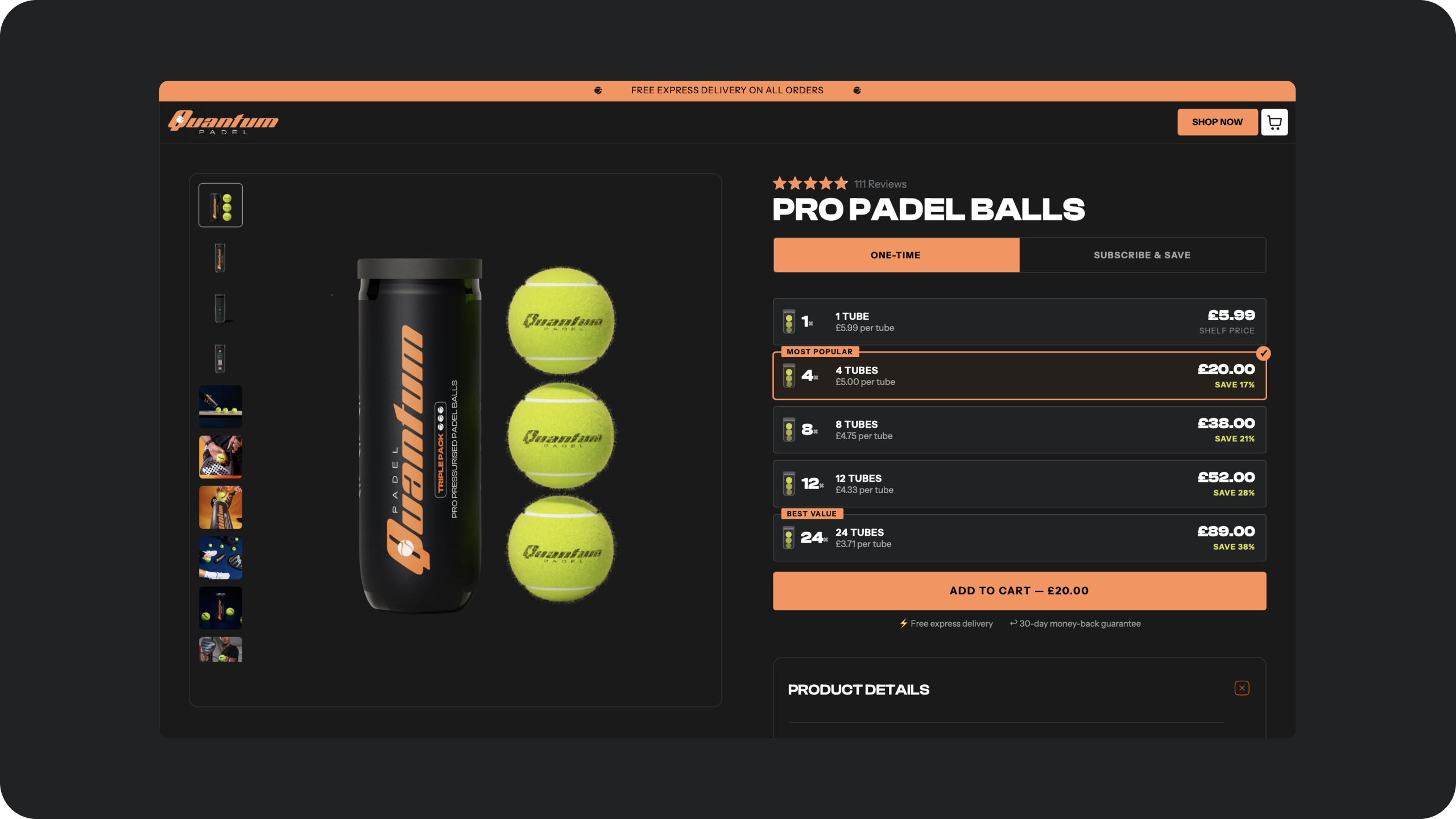 Quantum Padel ball product page with subscription option