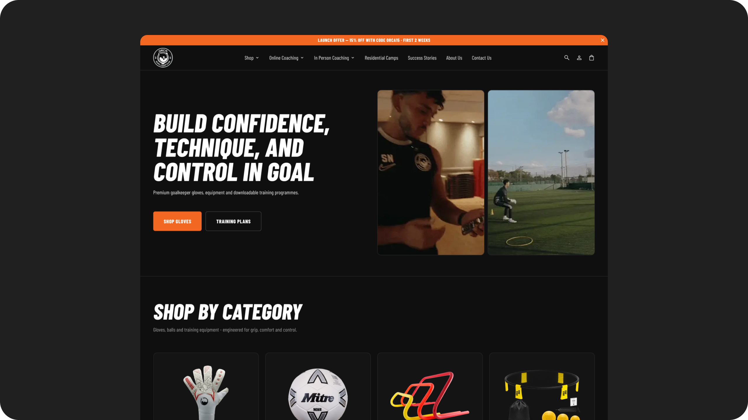 ORCA Goalkeeping Shopify home page