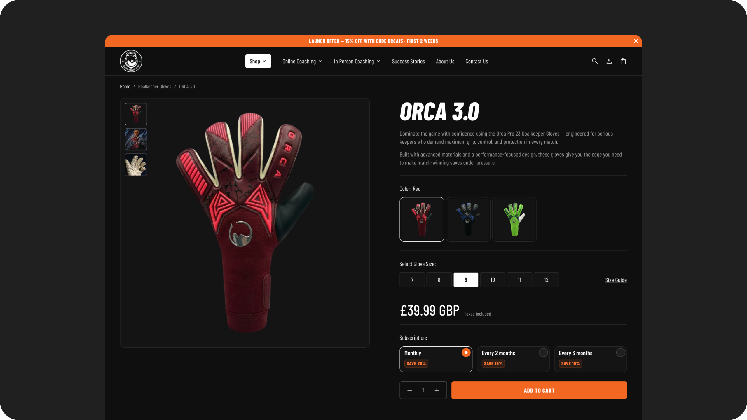 ORCA goalkeeper glove product page with size and subscription