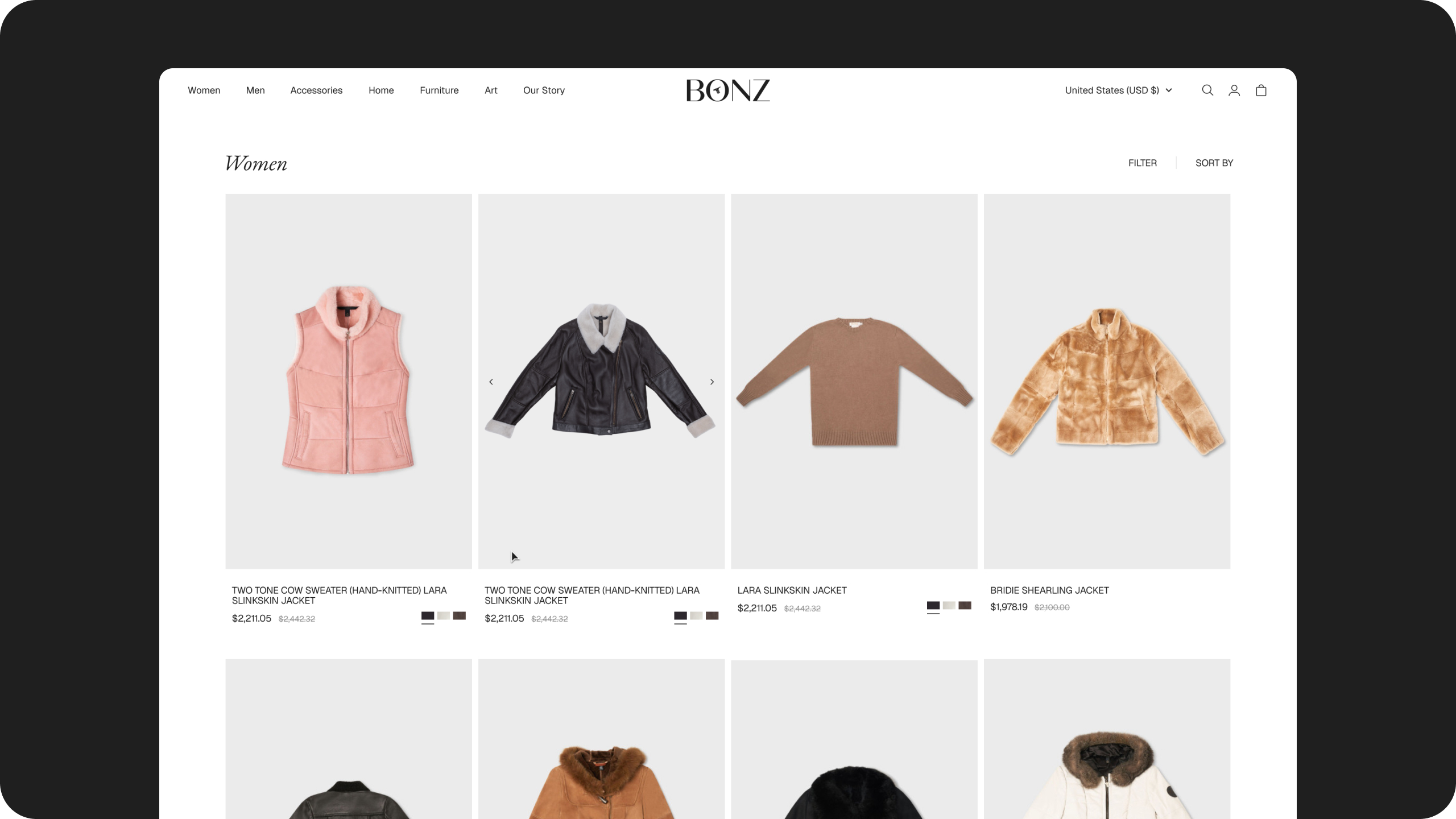 Bonz knitwear product page with materials and care