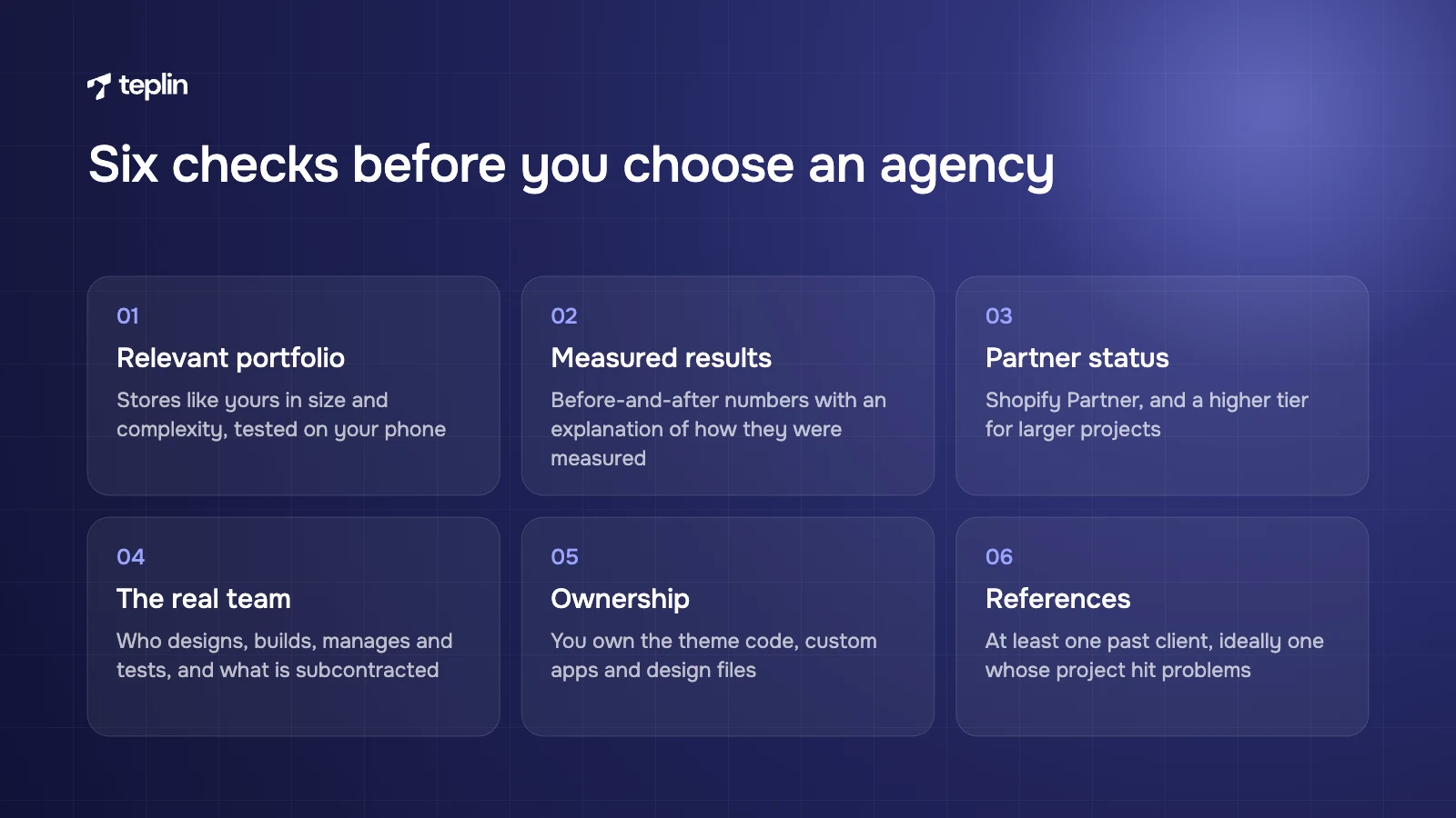 Six numbered checks for choosing a Shopify agency, from portfolio and measured results to code ownership and references
