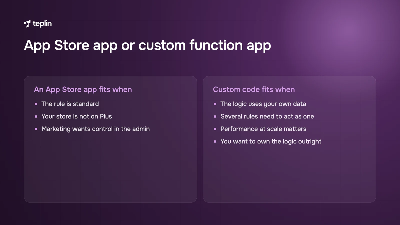 Comparison of when a public App Store app is enough to replace a Script and when a custom function app is worth building
