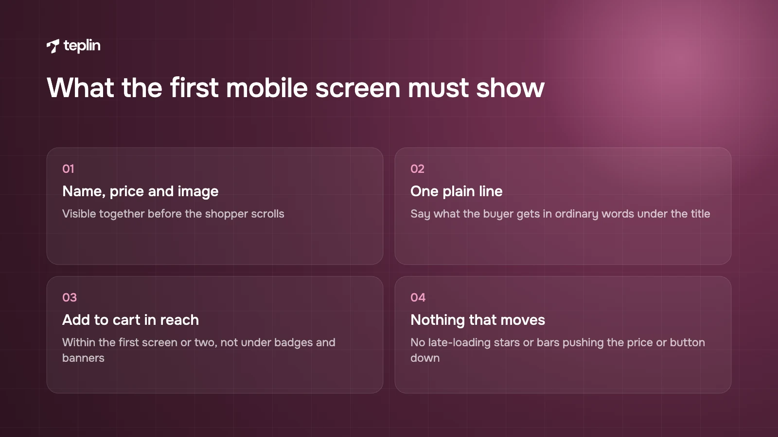 Four checks for the first mobile screen of a product page covering price visibility, a clear summary, the button and layout shift