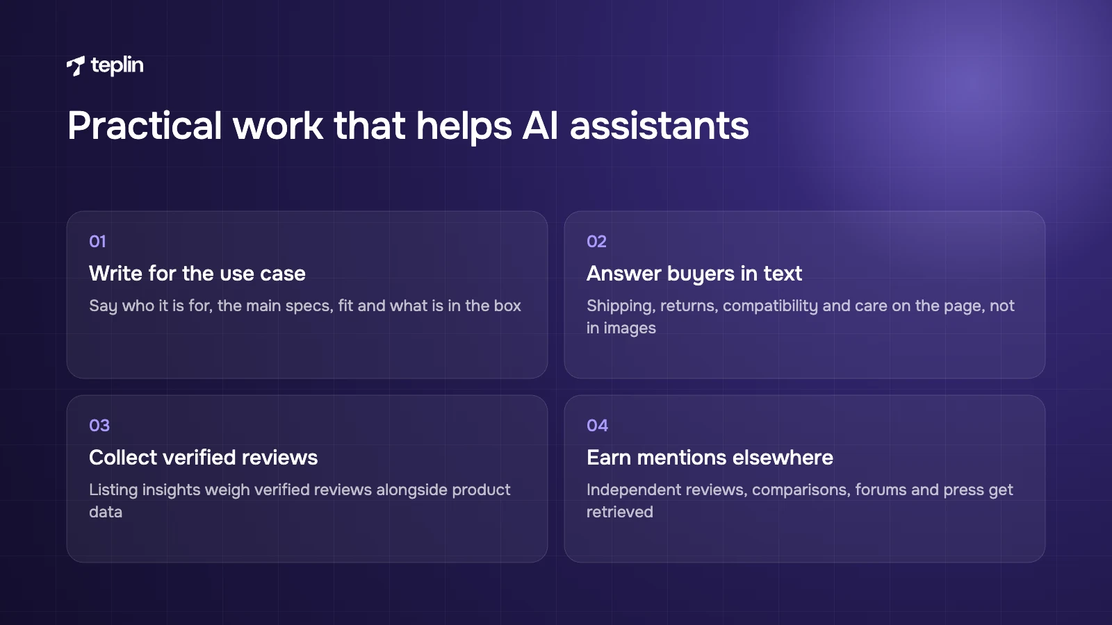 Four practical steps to help AI assistants recommend a Shopify product, from use-case copy to verified reviews and mentions