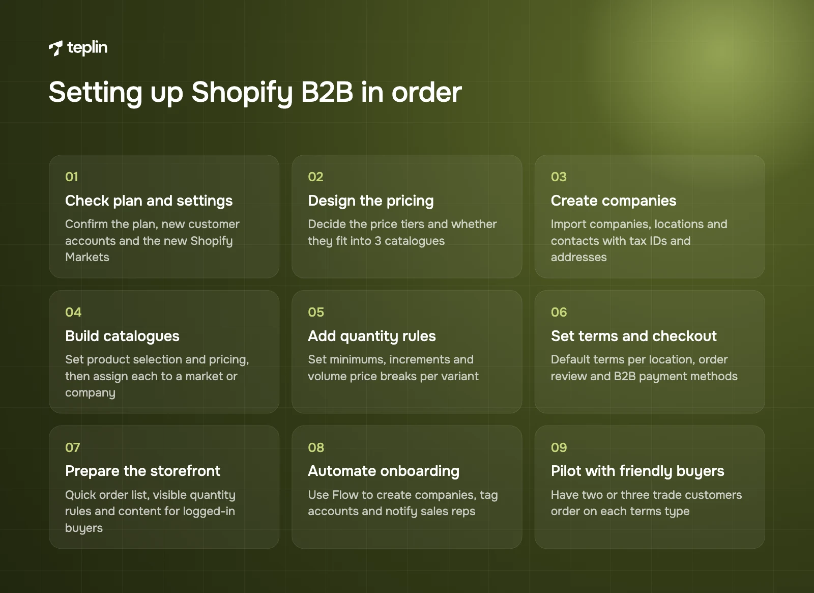 Nine setup steps for Shopify B2B, from checking the plan and pricing tiers to catalogues, storefront, onboarding and a buyer pilot