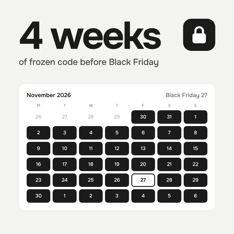 November 2026 calendar with every day from 30 October frozen and Black Friday on 27 November marked, under the words 4 weeks of frozen code before Black Friday