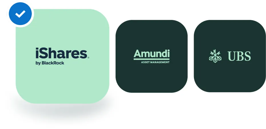 Logos der ETF-Anbieter Amundi, BlackRock iShares und UBS, die in der ginkgo bAV verfügbar sind