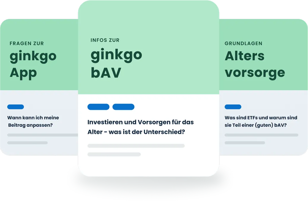 Visualisierung der ginkgo Wissensdatenbank: Mitarbeiter erhalten Informationen zu bAV, ETFs und Altersvorsorge