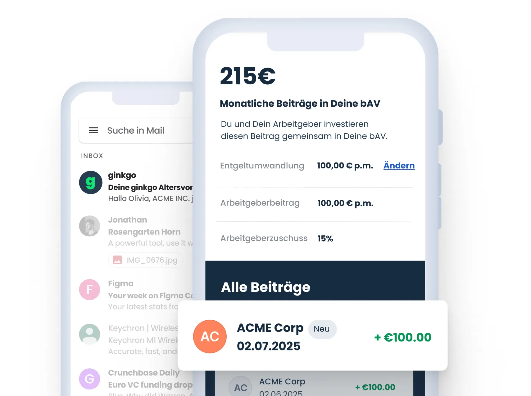 Screenshot der ginkgo App: Volle Transparenz über monatliche bAV-Beiträge und die aktuelle Wertentwicklung