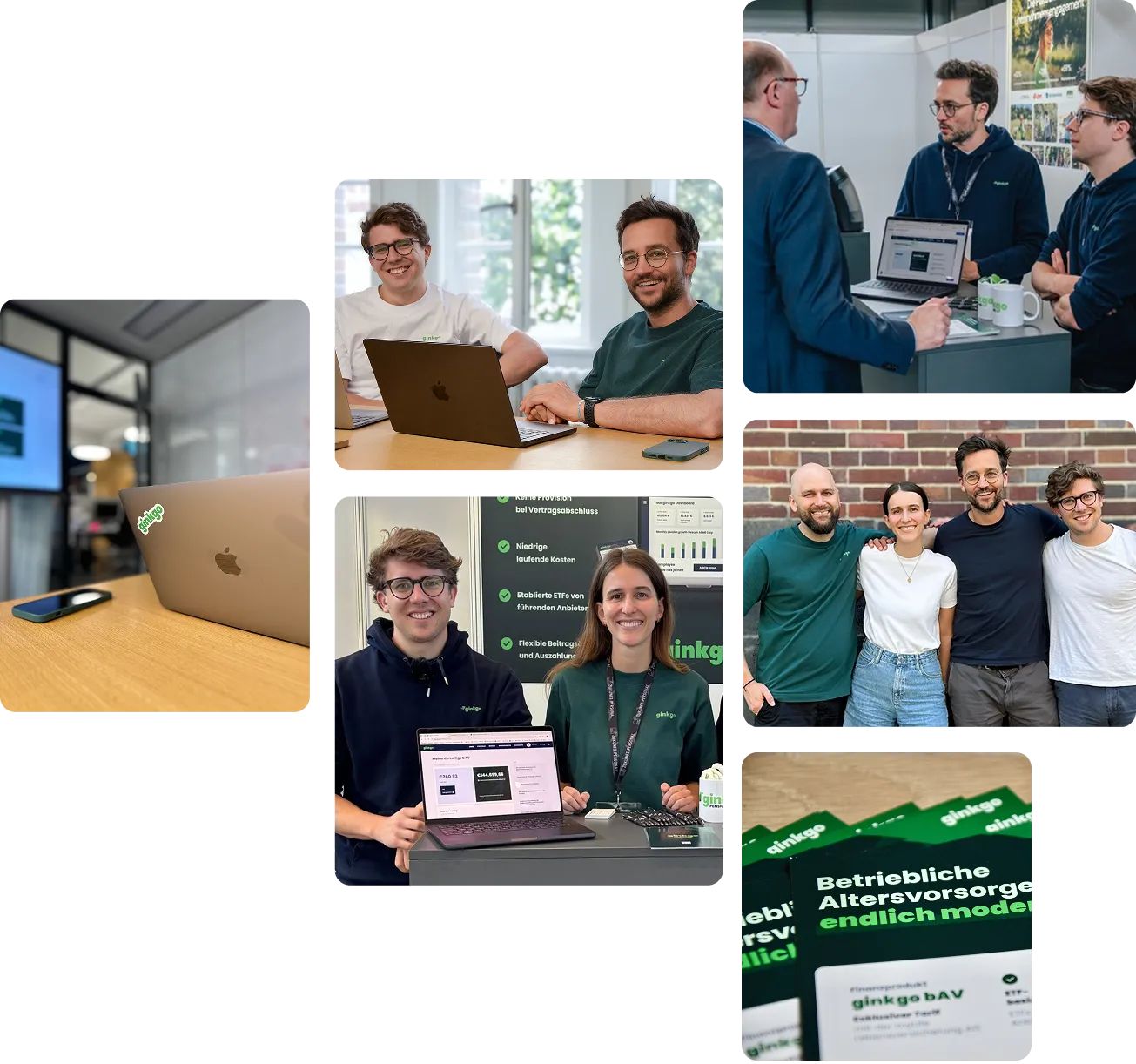 Collage mit Fotos des ginkgo Teams bei der Arbeit, am Messestand und im Büro – zeigt die dynamische Unternehmenskultur
