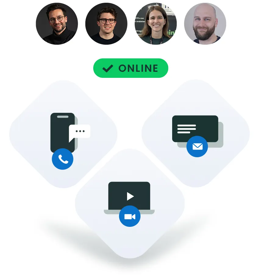 Visualisierung: Kompetentes ginkgo Expertenteam bietet Online-Support via Telefon, Chat und Video für alle bAV-Fragen