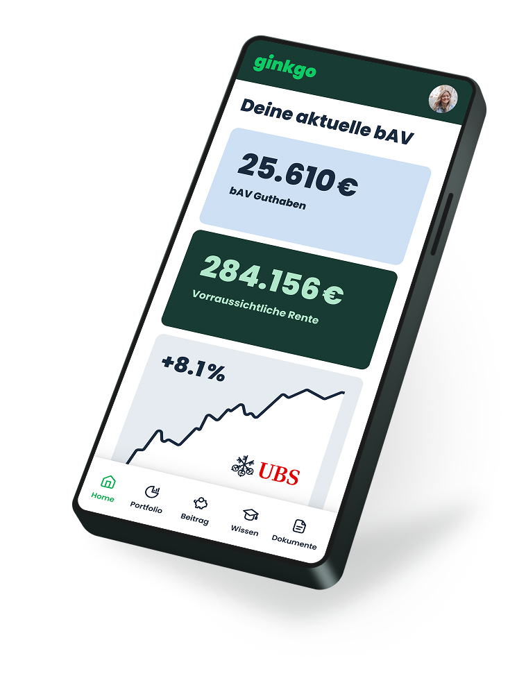 Screenshot: Mobile bAV-App von ginkgo mit Transparenz über Beiträge und Kosten und ETF-Entwicklung