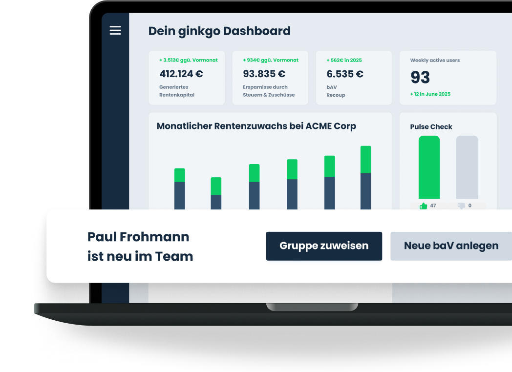 Digitales Dashboard der ginkgo HR-Plattform zur automatisierten Verwaltung der betrieblichen Altersvorsorge