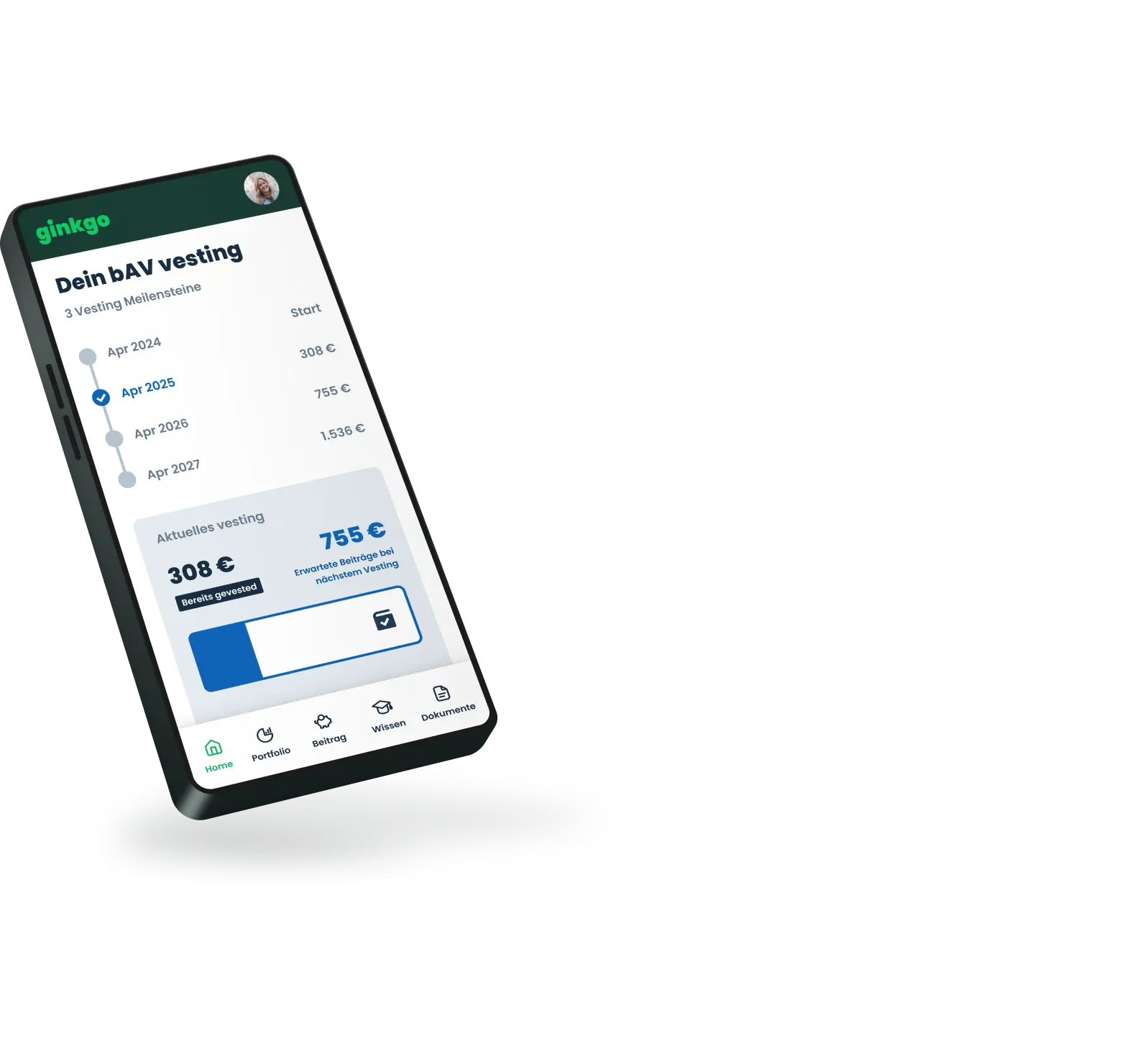 Screenshot der ginkgo bAV App: Volle Transparenz über das wachsende Kapital und die ETF-basierte Rente